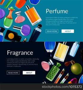 Vector perfume bottles web banner templates and colored posters illustration. Vector perfume bottles web banner templates illustration