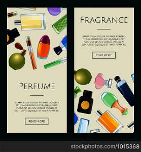 Vector perfume bottles web banner templates illustration. Advertising colored poster. Vector perfume bottles web banner templates illustration