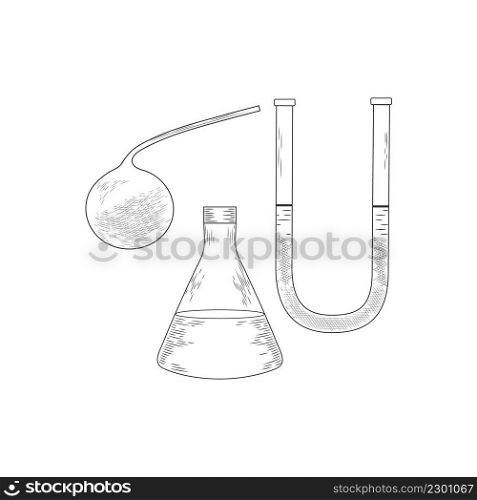 Vector pharmaceutical glass flasks, beakers and test tubes in old engraving style.Sketch of a physics or chemical laboratory experiment and equipment.. Sketch of a physics or chemical laboratory experiment and equipment. Vector pharmaceutical glass flasks, beakers and test tubes in old engraving style.