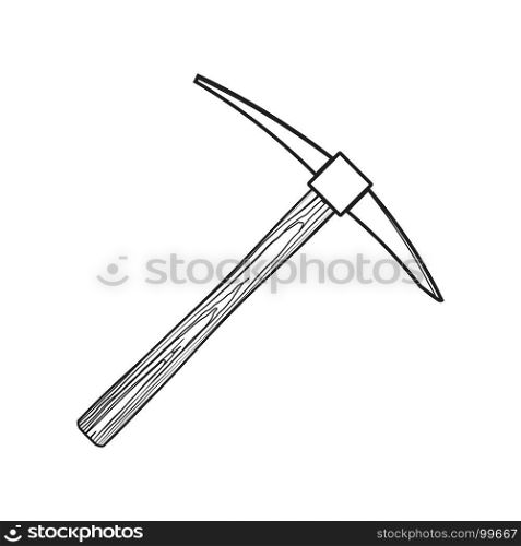 vector pick mining tool illustration. vector black monochrome outline picker tool wooden handle mining equipment contour illustration isolated on white background