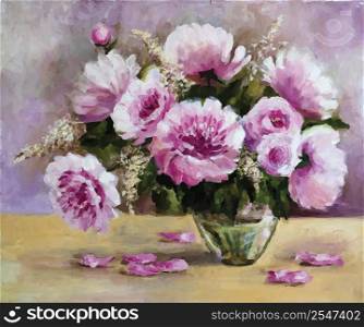 Vector picture oil paints on a canvas: a bouquet of peonies in a glass vase
