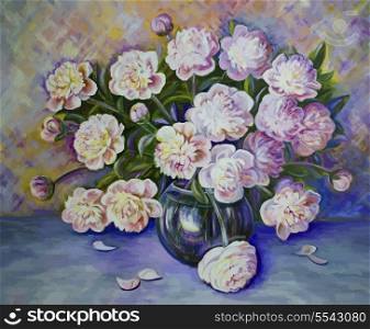 Vector picture oil paints on a canvas: a bouquet of peonies in a glass vase