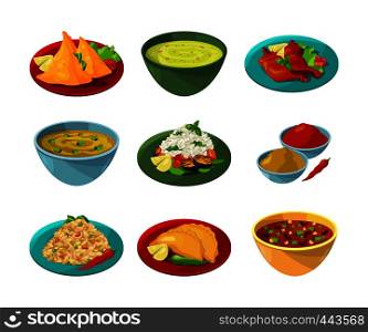 Vector pictures of indian national cuisine. Traditional asian india dinner illustration. Vector pictures of indian national cuisine