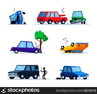 Vector pictures set of different accidents on the road. Big damage of cars. Illustration of vehicle accident, car crash. Vector pictures set of different accidents on the road. Big damage of cars
