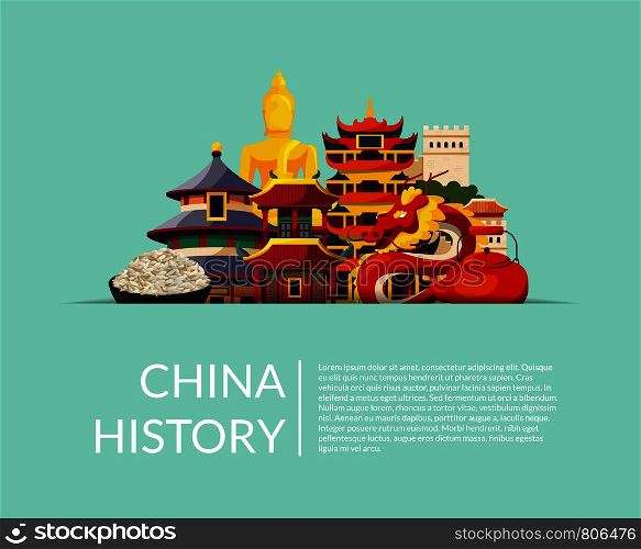 Vector pile of flat style china elements and sights hidden in horizontal paper pocket with shadow and place for text illustration. Chinese building and culture, history architecture. Vector pile of flat style china elements and sights hidden in horizontal paper pocket with shadow and place for text
