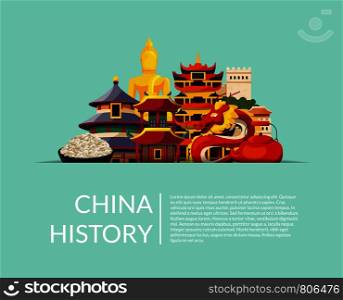 Vector pile of flat style china elements and sights hidden in horizontal paper pocket with shadow and place for text illustration. Chinese building and culture, history architecture. Vector pile of flat style china elements and sights hidden in horizontal paper pocket with shadow and place for text