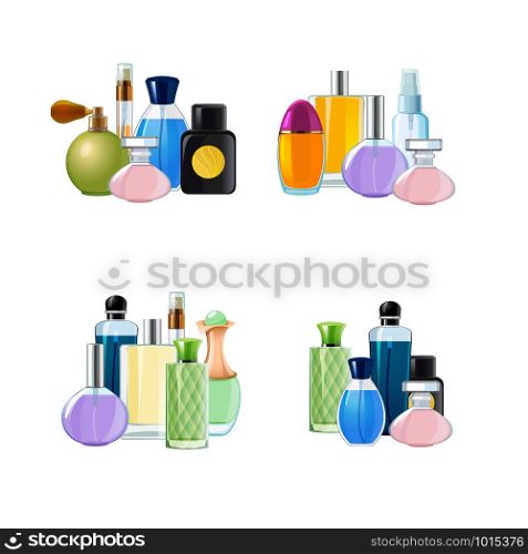 Vector piles of perfume bottles set illustration isolated on white background. Vector piles of perfume bottles set illustration