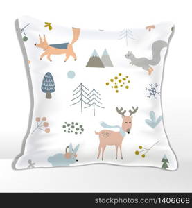 Vector Pillow or Cushion Mockup with Winter Forrest Animals Printed