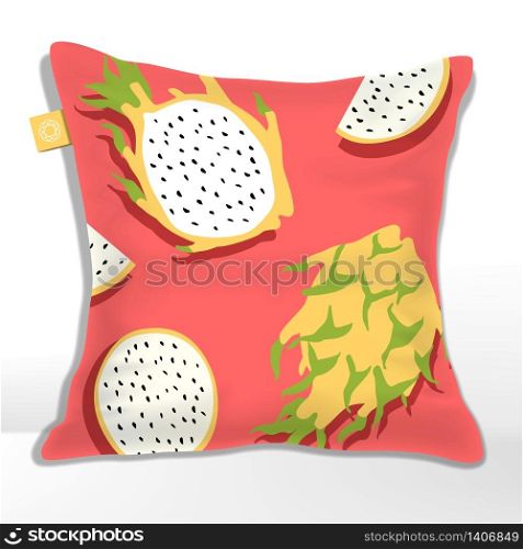 Vector Pillow or Cushion with Yellow Pitaya or Dragon Fruit Pattern Printed