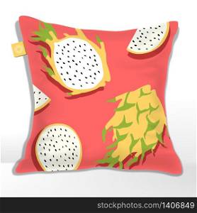 Vector Pillow or Cushion with Yellow Pitaya or Dragon Fruit Pattern Printed