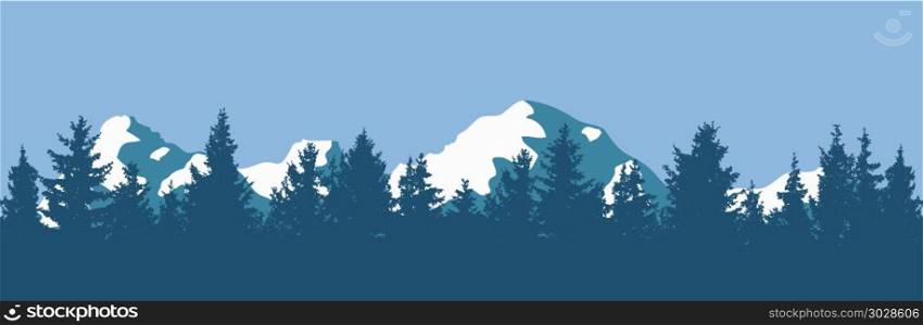 vector pine forest and mountain silhouettes. vector pine forest background pattern. abstract blue and white panorama of nature landscape with evergreen coniferous trees and mountain silhouettes. christmas woodland illustration with tree woods