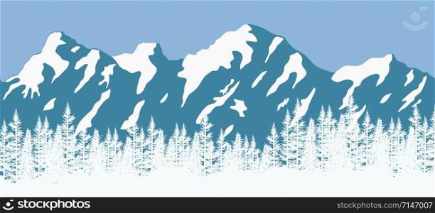 vector pine forest background pattern. abstract blue and white panorama of nature landscape with evergreen coniferous trees and mountain silhouettes. christmas woodland illustration with tree woods, blue sky, snow-covered winter forest and mountains