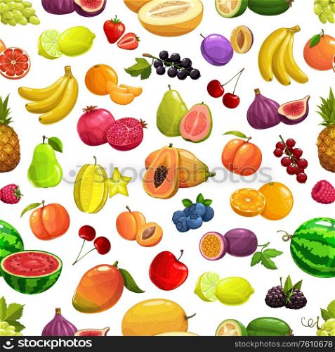 Vector pineapple and peach, banana and watermelon tropical fruit and berries seamless pattern background. Orange and pomegranate, cherry and tropic fig, starfruit carambola and papaya, mango and apple. Tropical fruit and berries pattern background