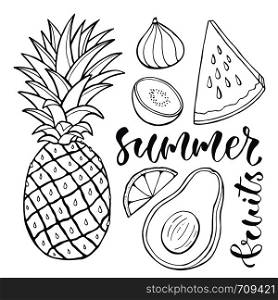 Vector pineapple and sliced fruits. Food illustration for print design, label and posters. Vector pineapple and sliced fruits. Food illustration for print design, label and posters.
