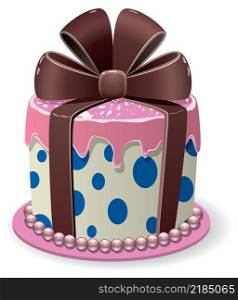 vector pink chocolate cake in a form of gift box with a bow