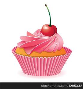 vector pink cupcake with red cherry