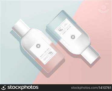 Vector Pink & Light Blue Pastel Gradient White Cosmetic, Skincare or Medical Bottle with Minimal Hipster White Label