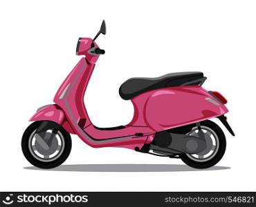 Vector pink retro scooter, flat style side view. Moped for delivery, scooter for tourism. Economical and ecological city transport. Vector illustration.. Vector pink retro scooter, flat style side view.