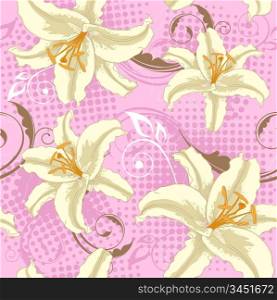 Vector pink seamless pattern with white lily