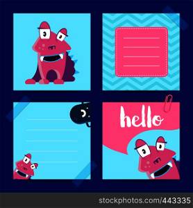 Vector pinned square note cards with cute monsters with lettering on zig zag background. Collection template of card monster illustration. Vector pinned square note cards with cute monsters with lettering on zig zag background
