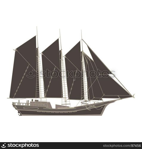 Vector pirate ship flat icon isolated. Boat side view black illustration galleon retro vintage.