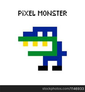 Vector pixel dinosaur monster vector illustration. Colored pixelated retro space monster for 8 bit arcade computer game. Game retro pixel dinosaur monster