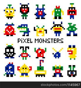 Vector pixel invaders vector illustration. Colored pixelated retro space monsters for 8 bit arcade computer game. Colored pixelated retro space monsters