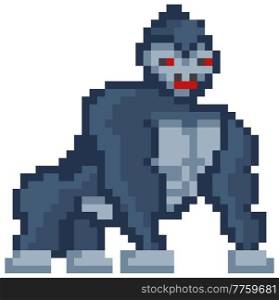 Vector pixelated strong Gorilla cartoon pixel design wild animal with red eyes isolated on white background. Retro 8 bit art mobile app or computer game personage pixel-game huge angry monkey. Vector pixelated Gorilla cartoon pixel design wild animal with red eyes isolated on white background