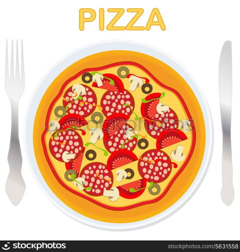 Vector pizza on a plate with fork and knife