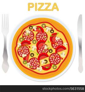 Vector pizza on a plate with fork and knife
