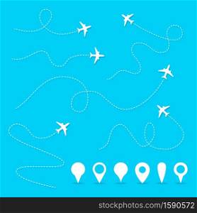 Vector plane line path. Airplane directional pathway, fly direction and pins vector symbols. Illustration of airline flight route, navigation directional. Vector plane line path. Airplane directional pathway, fly direction and pins vector symbols