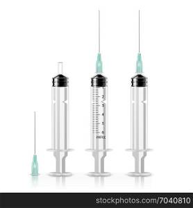 Vector Plastic Medical Syringe Isolated. Vector Plastic Medical Syringe For Injection Isolated 3d Realistic Illustration. Transparent Background.