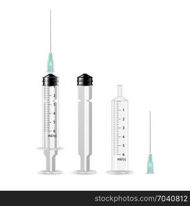 Vector Plastic Medical Syringe Isolated. Vector Plastic Medical Syringe For Injection Isolated 3d Realistic Illustration. Transparent Background.