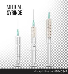 Vector Plastic Medical Syringe Isolated. Vector Plastic Medical Syringe For Injection Isolated 3d Realistic Illustration. Transparent Background.