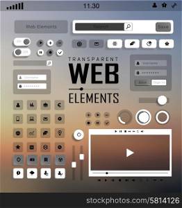 Vector plat transparent Web, mobile Elements, icons. Buttons and Labels, blur background
