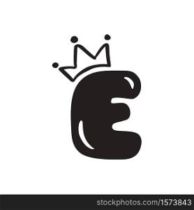 Vector plump vintage cute letter E with crown. Princess element font logo. Valentine hand drawn alphabet sign for page decoration and design illustration. For greeting card, wedding or invitation.. Vector plump vintage cute letter E with crown. Princess element font logo. Valentine hand drawn alphabet sign for page decoration and design illustration. For greeting card, wedding or invitation