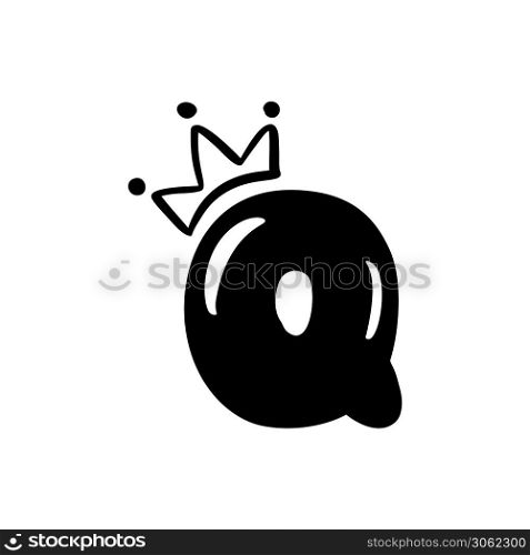 Vector plump vintage cute letter Q with crown. Princess element font logo. Valentine hand drawn alphabet sign for page decoration and design illustration. For greeting card, wedding or invitation.. Vector plump vintage cute letter Q with crown. Princess element font logo. Valentine hand drawn alphabet sign for page decoration and design illustration. For greeting card, wedding or invitation