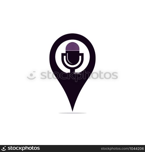 Vector podcast and map pointer logo combination. Music and gps locator symbol or icon. Unique sound and pin logotype design template.