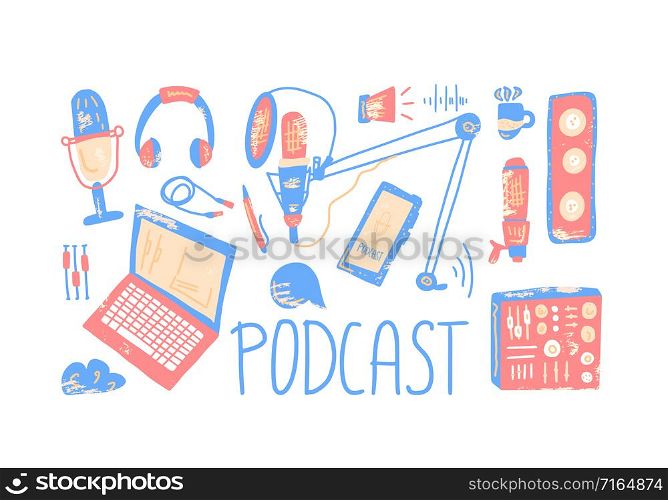 Vector podcast composition with handwritten lettering and decoration. Text and podcasts symbols isolated on white background.
