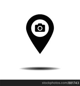 Vector pointer of camera isolated with shadow. Vector sign of lacation. Pin on map. Symbol of gps. EPS 10. Vector pointer of camera isolated with shadow. Vector sign of lacation. Pin on map. Symbol of gps.