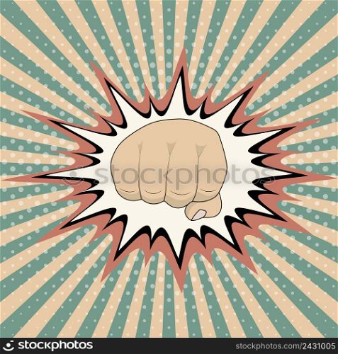 Vector pop art cartoon fist with comic book crash explosion graph, Vintage Pop Art Punching Fist Clenched hitting
