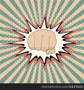 Vector pop art cartoon fist with comic book crash explosion graph, Vintage Pop Art Punching Fist Clenched hitting