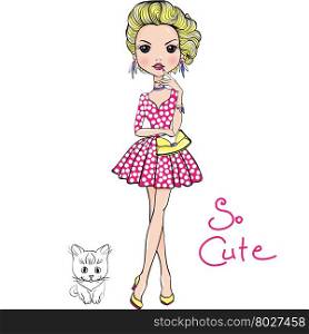 Vector Pop Art cute fashion girl with cat. Cute beautiful Pop Art girl in dress with cat. T-shirt Graphics. Girl print.
