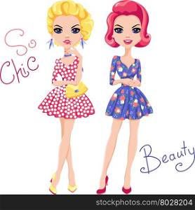 Vector Pop Art cute fashion girls. Cute beautiful Pop Art girls in dress. T-shirt Graphics. Girl print.