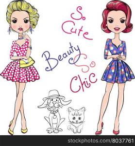 Vector Pop Art cute fashion girls with dog and cat. Cute beautiful Pop Art girls in dresses with dog and cat.