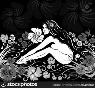 Vector portrait of a beautiful young woman with flowers