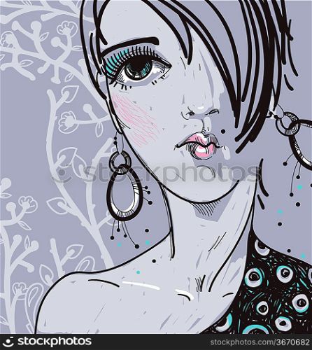 vector portrait of a pretty young girl with a bright make up on a floral background