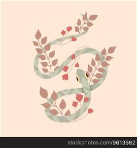Vector postcard with a green snake with herbs and stems with foliage and flowers in pastel colors. Flat postcard with tangled serpent with herbals.. Vector postcard with a green snake with herbs and stems with foliage and flowers in pastel colors.