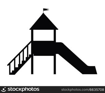 Vector poster depicting large slide for children with ladder and little balcony with crown and flag on it black silhouette isolated on white background.. Children&rsquo;s Slide for Playground on White Backfit