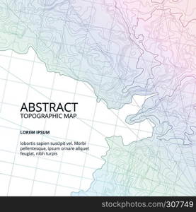 Vector poster design from lines contour topographic map. Abstract hills and different navigation elements. Geography topographic relief map, illustration of terrain topography. Vector poster design from lines contour topographic map. Abstract hills and different navigation elements